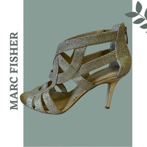 Marc Fisher Gold Glitter Strappy Heeled Sandal Size 8.5